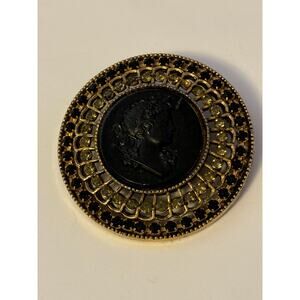 Vintage Black Cameo Brooch / Pendant Black & Brpwn Rhinestones